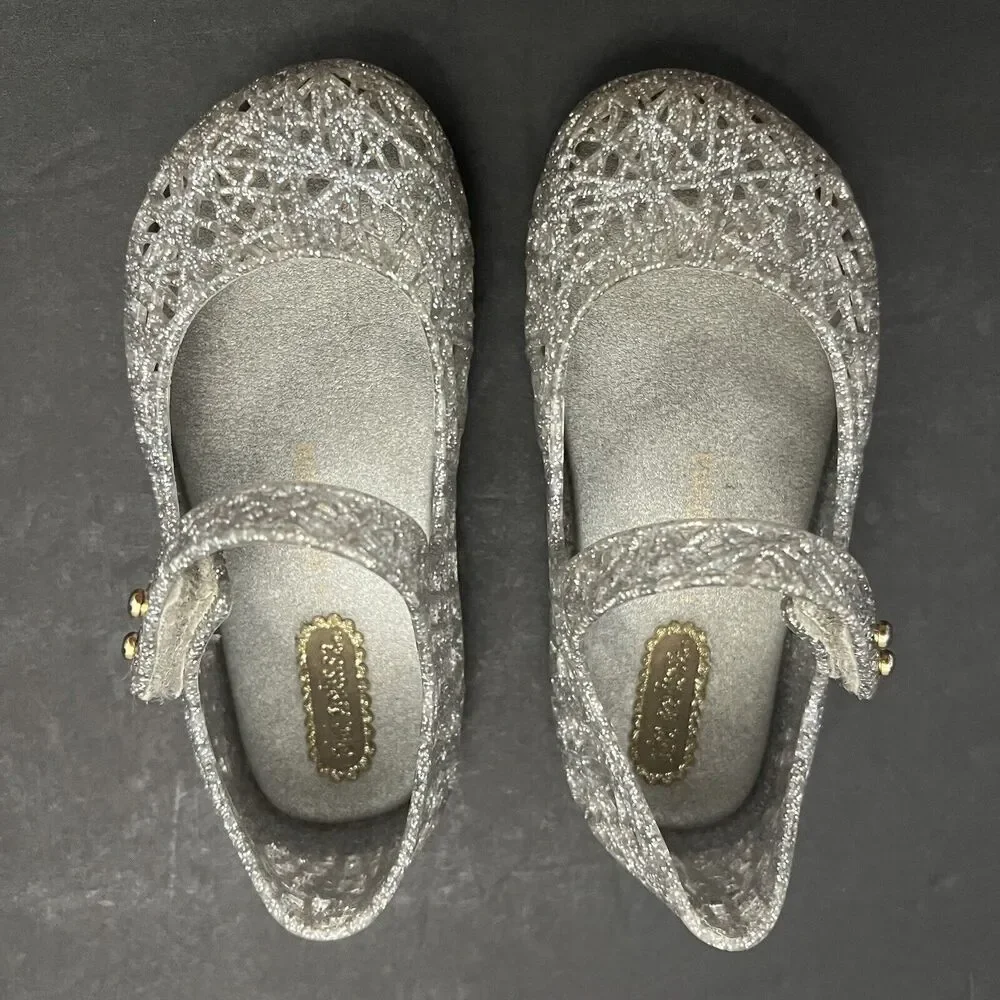 Mini Melissa Shoes Baby Girl 7 Mary Jane Campana Silver Metallic Strap Flat